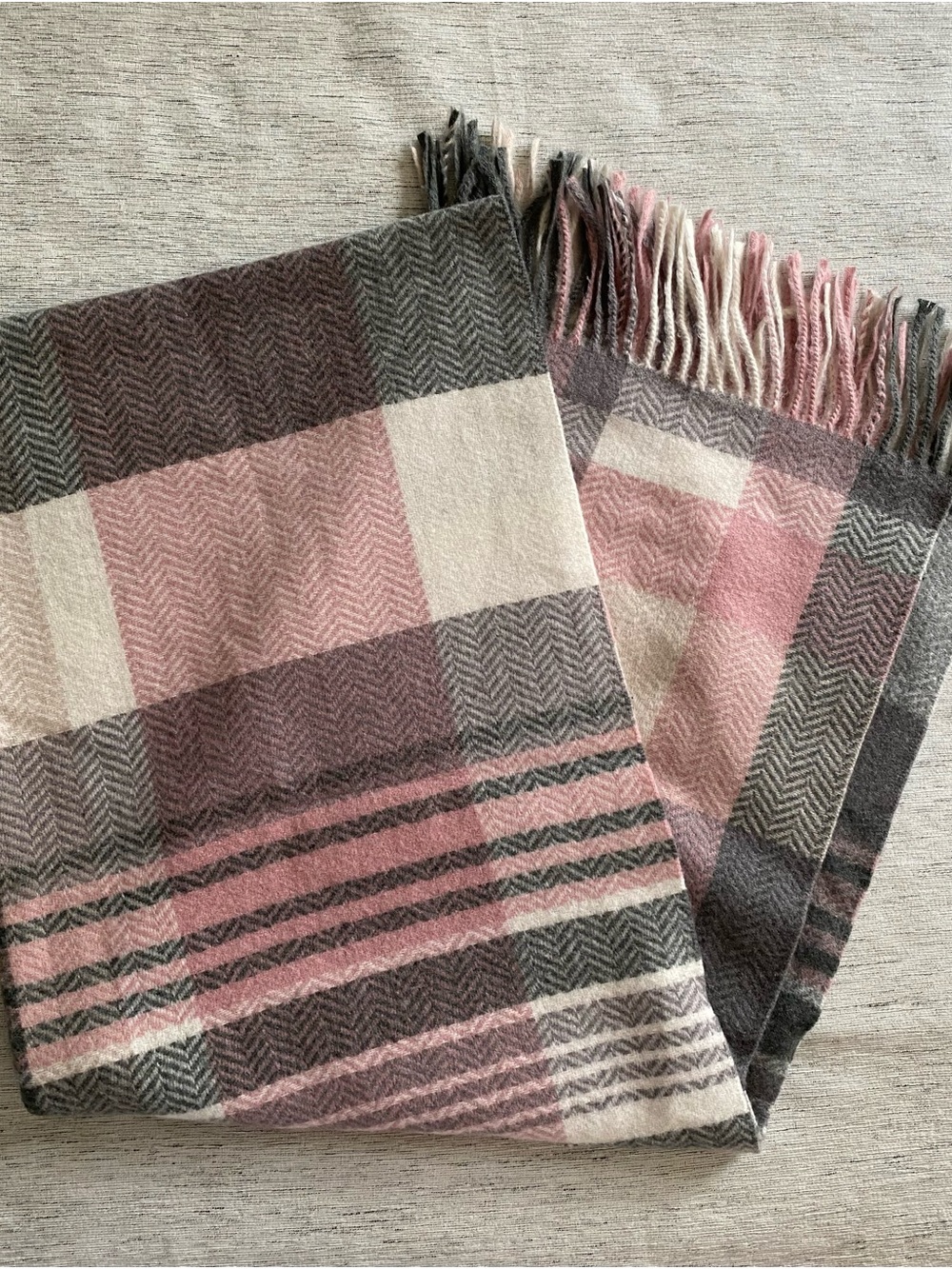Pretty Persuasions Pink, Gray & Cream Plaid Fringe Throw scarf